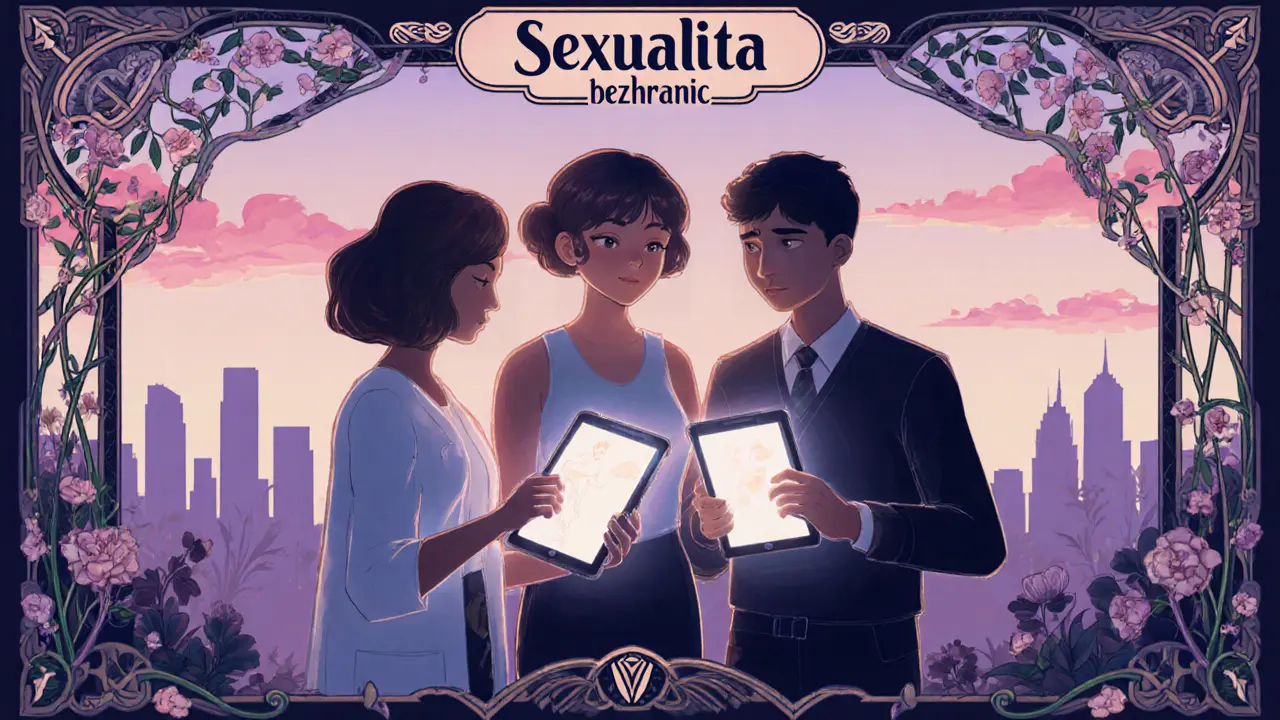 Reklamní plakát programu "Sexualita bez hranic" s terapeutem, rodičem a mladým dospělým používajícím tabletovou aplikaci.