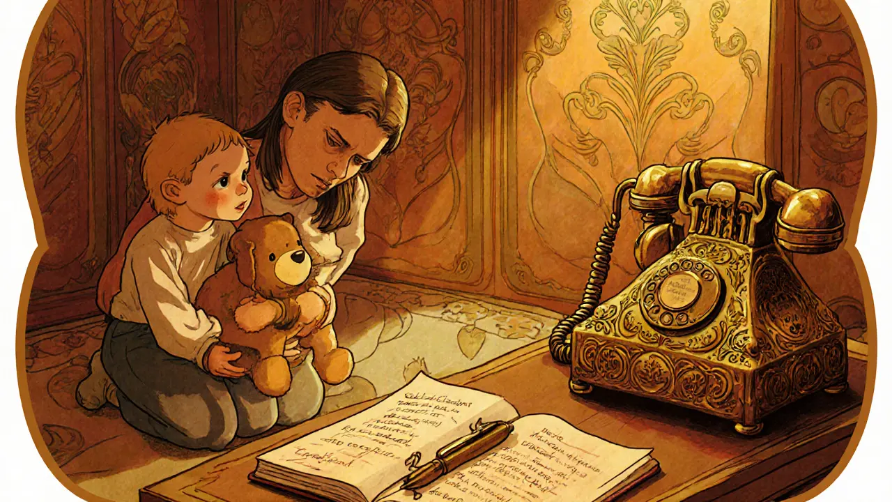Rodič s dítětem, dokumentace a telefonní hovor k odborníkovi.