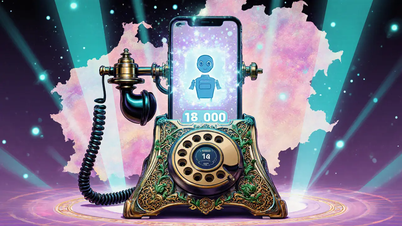 Budoucí jediné krizové číslo spojené s AI chatbotem, zobrazující moderní aplikaci a starožitný telefon v Art Nouveau stylu.