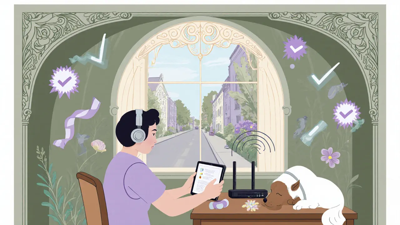 Domácí pracovna s tabletem, sluchátky a klidným prostředím, zdobená art nouveau ozdobami.