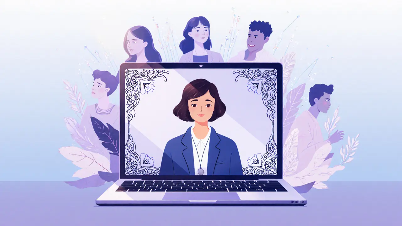 Online terapie s terapeutem na obrazovce, s motivy normalizace a digitální empatie.