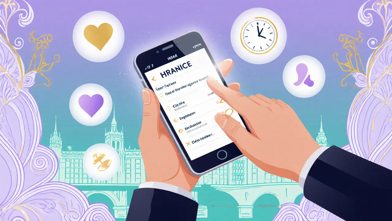 Partner používá aplikaci Hranice na mobilu, doprovázejí ji Art Nouveau dekorace.