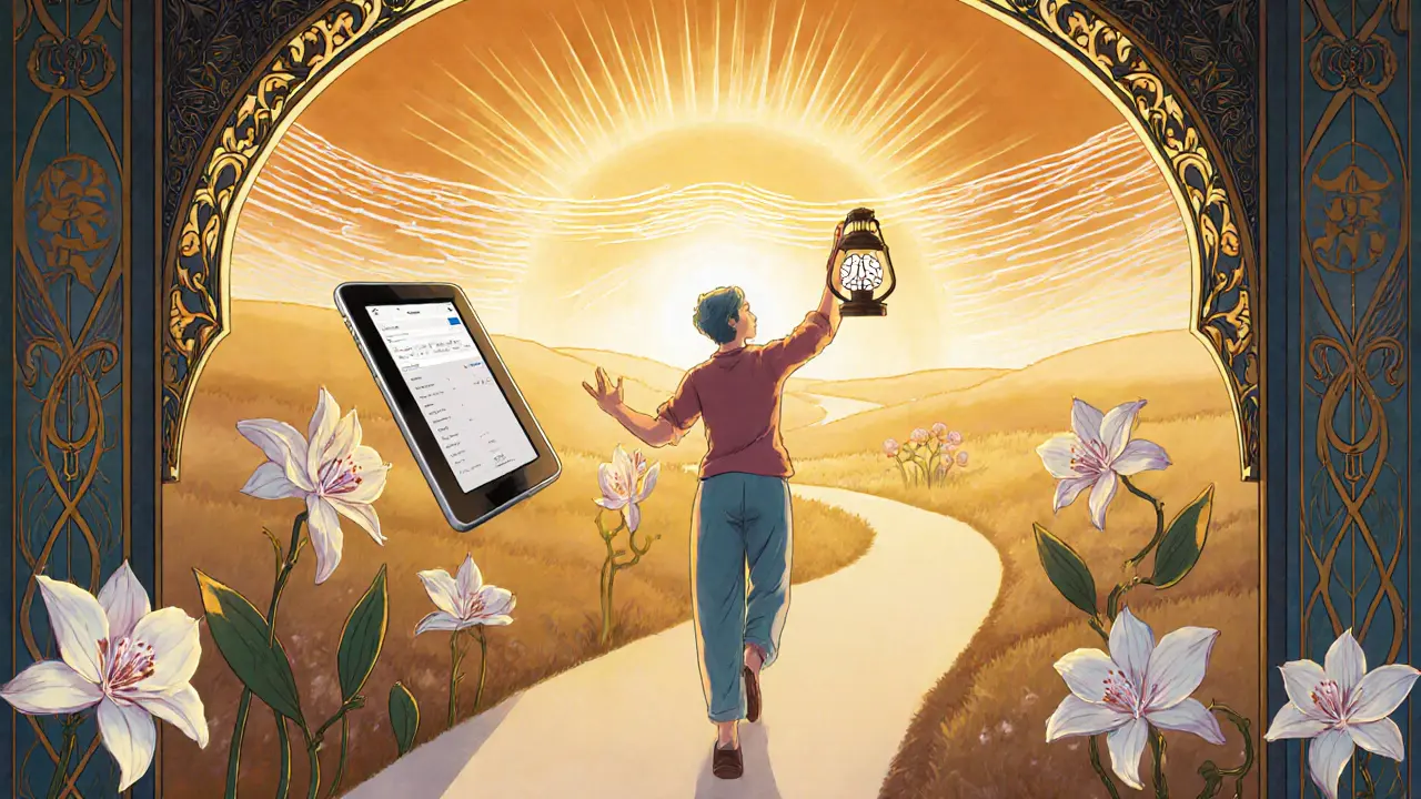 Pacient kráčející po cestičce s lampou ve tvaru mozku, tablet a sluneční východ v Art Nouveau stylu.