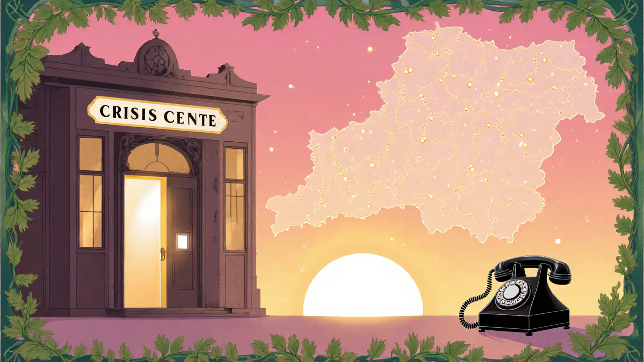 Pozitivní komunitní scéna s krizovým centrem a telefonní linkou v Art Nouveau stylu.