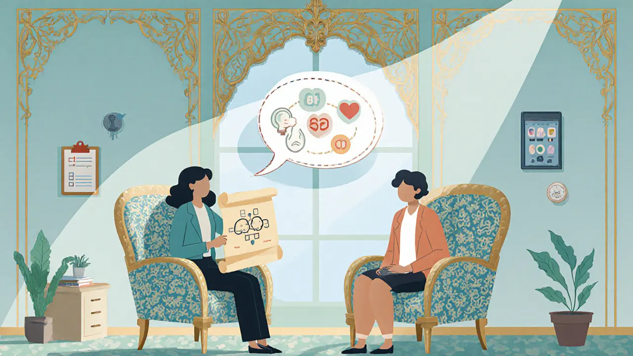 Terapeut s párem v kanceláři, diagram CBT a bublina DBT, Art Nouveau ilustrace.
