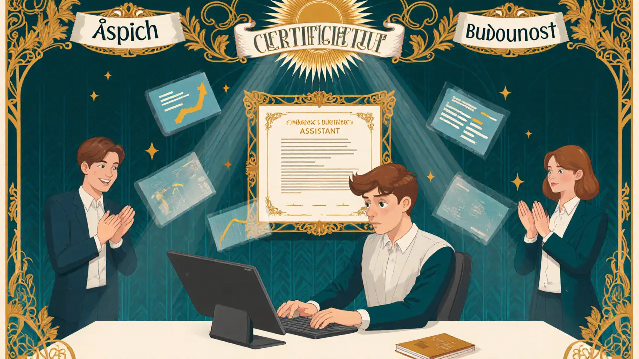 Úspěšný zaměstnanec s autismem pracuje v IT, oslavuje úspěch, Art Nouveau motivy.