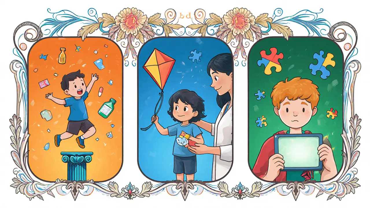 Vnitřní motivy ADHD, úzkosti a autismu s obsahem léků v art nouveau stylu.