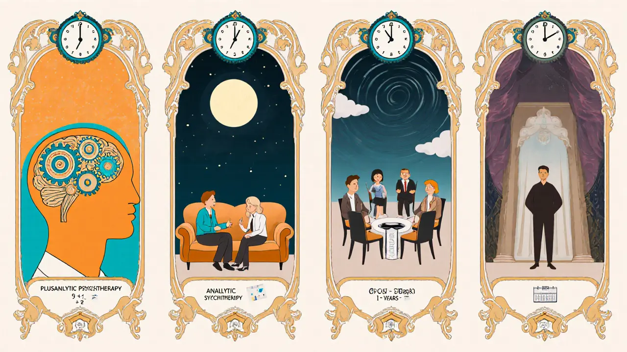 Čtyři symbolické ilustrace terapií: mozek, pohovka, kruh židlí a samostatná židle, v art nouveau stylu.