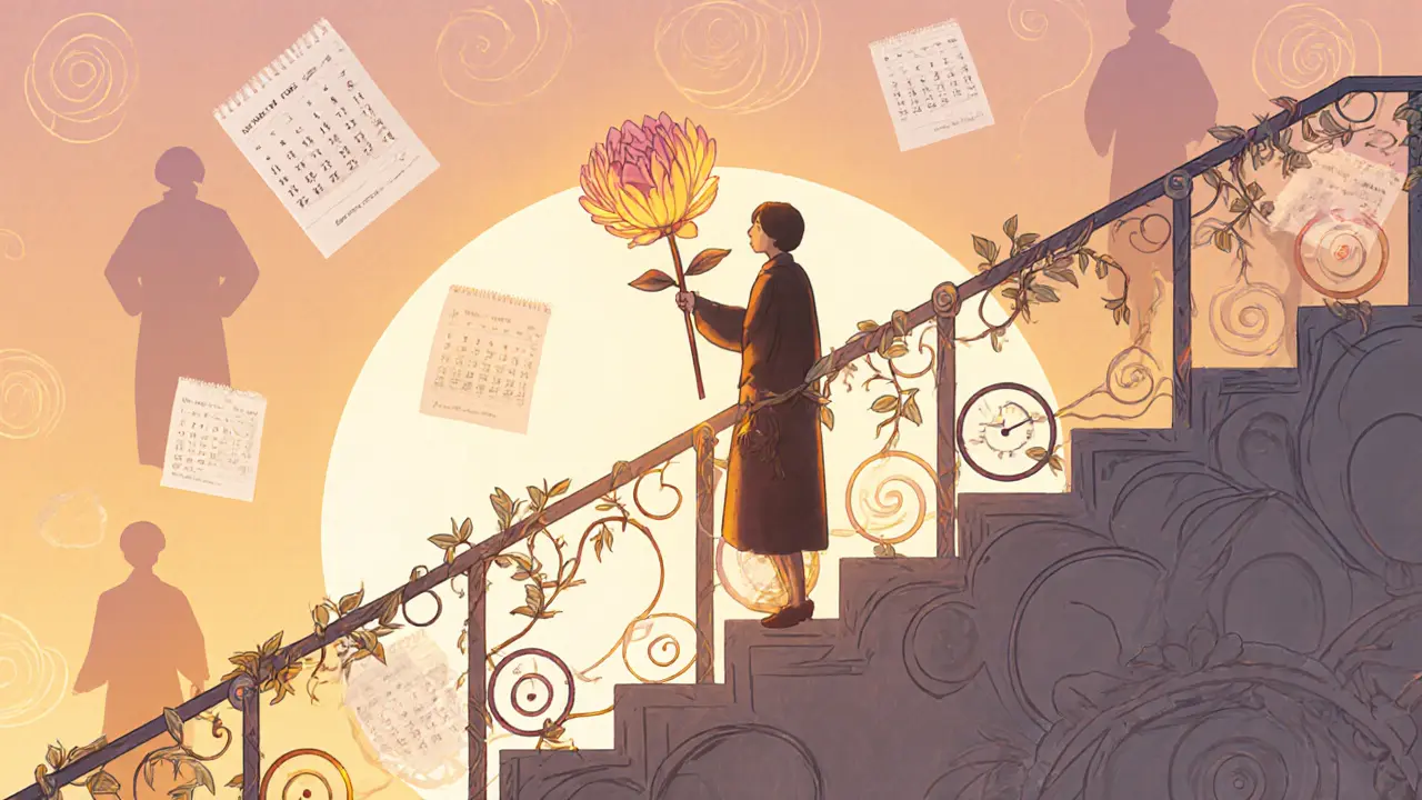 Klient na schodech drží rozkvetlou květinu, zatímco odplouvají kalendářové listy, art nouveau pozadí.