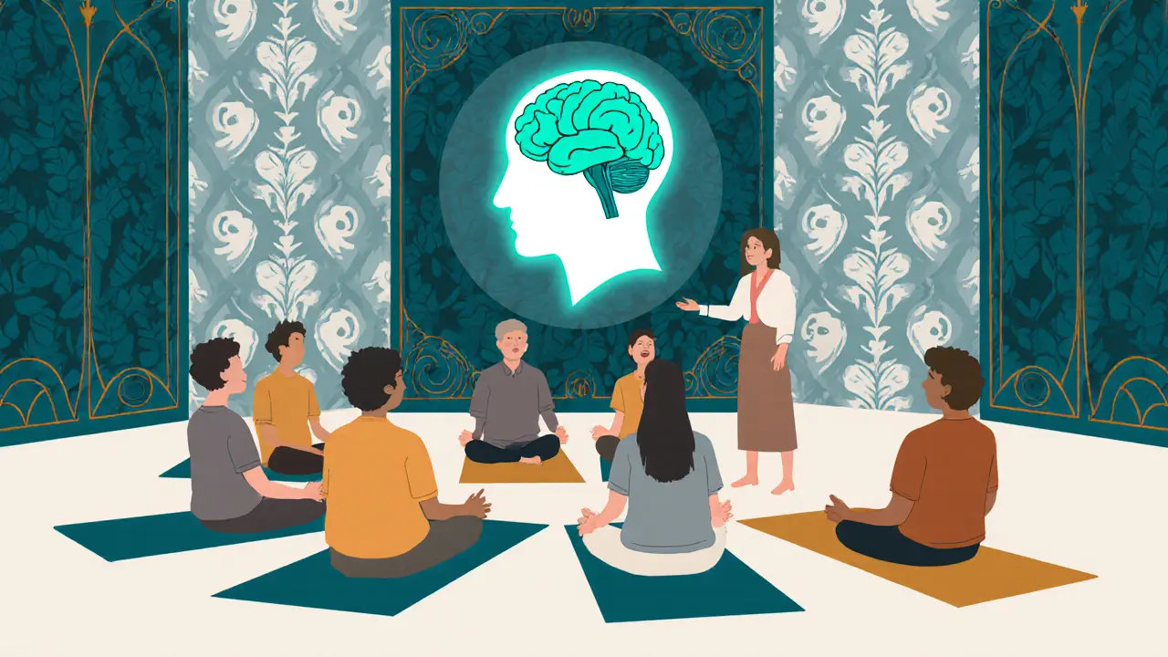Skupinová seance MBSR s ilustrací mozku: aktivní prefrontální kůra a utlumená amygdala.