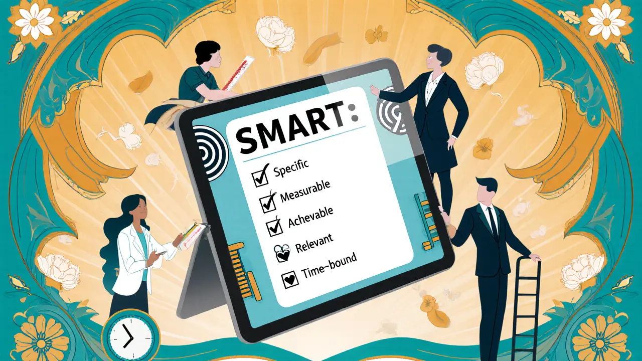 SMART cíle a digitální nástroje na art nouveau plakátu s multidisciplinárním týmem.