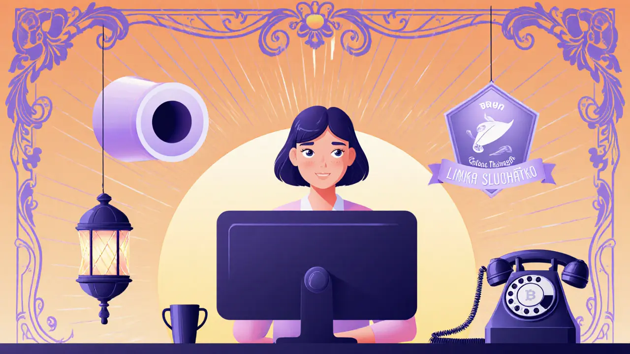 Klient používá VPN a kryptoměnu, vedle certifikačního odznaku a telefonní linky, v art nouveau stylu.