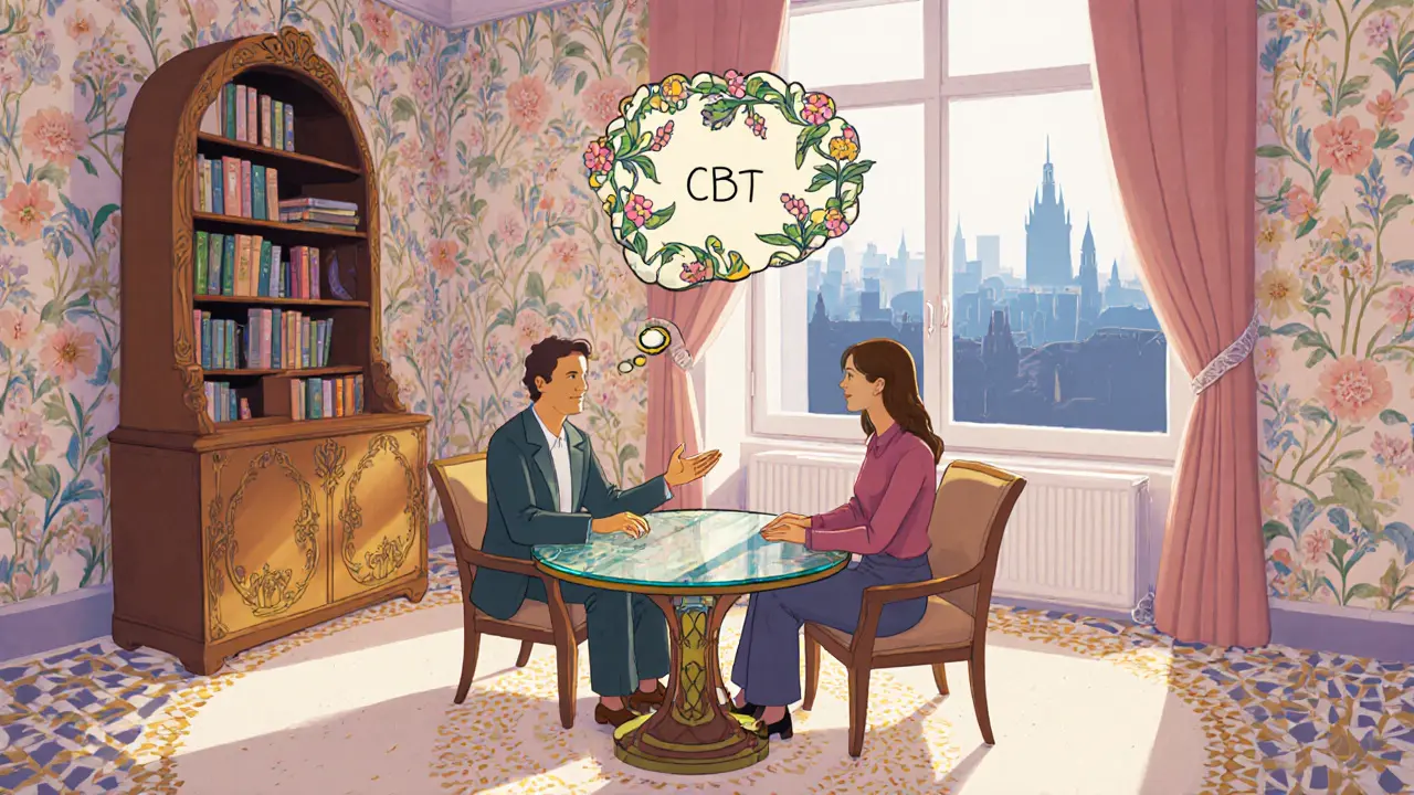 Terapeut a klient v útulném pokoji s Art Nouveau dekorem, symbolizující CBT.
