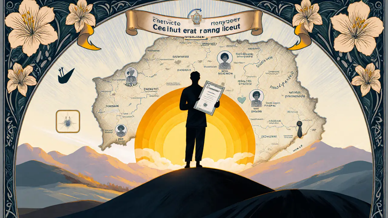 Osoba na kopci s certifikátem, v pozadí stylizovaná mapa ČR a východ slunce.