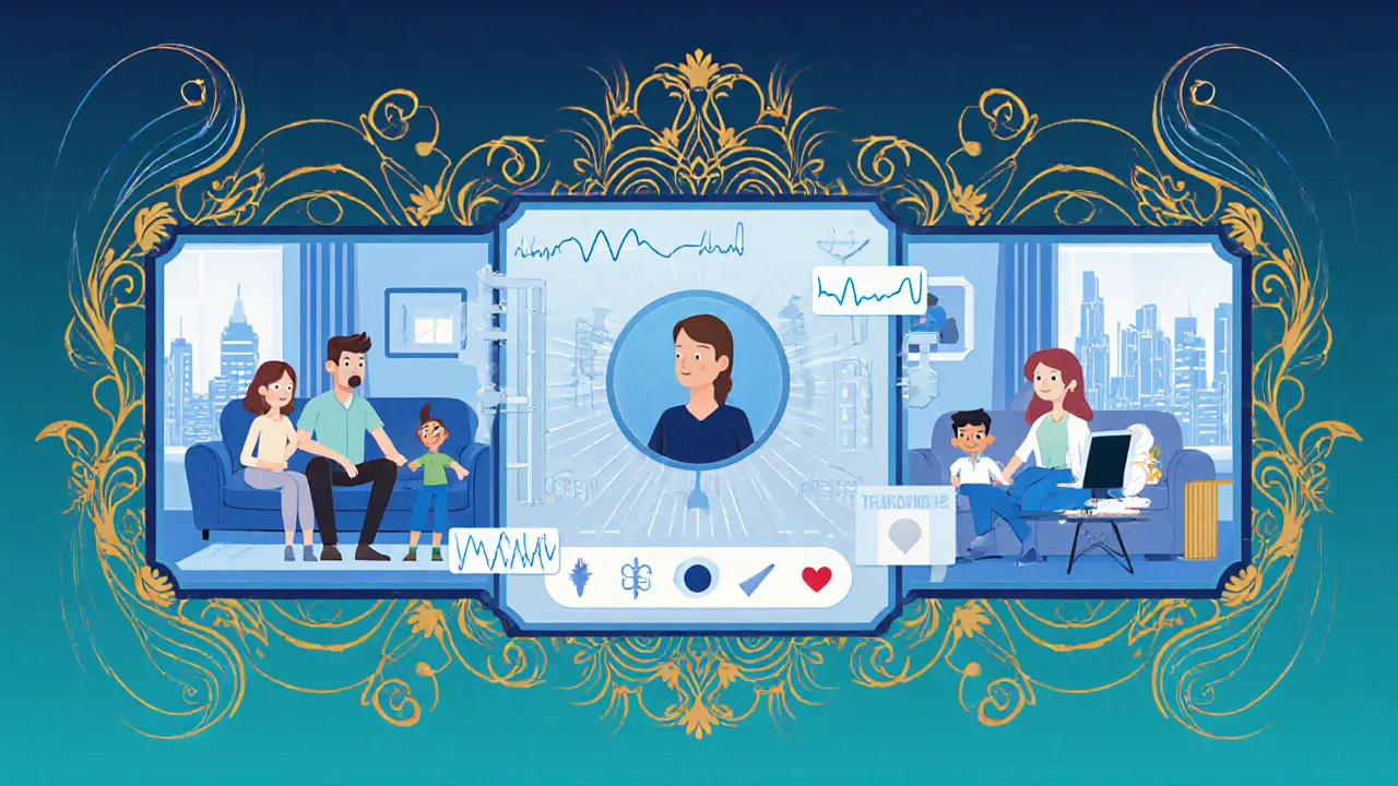 Rodina spojuje se skrze videokonferenci, doprovázená neurofeedback grafy.