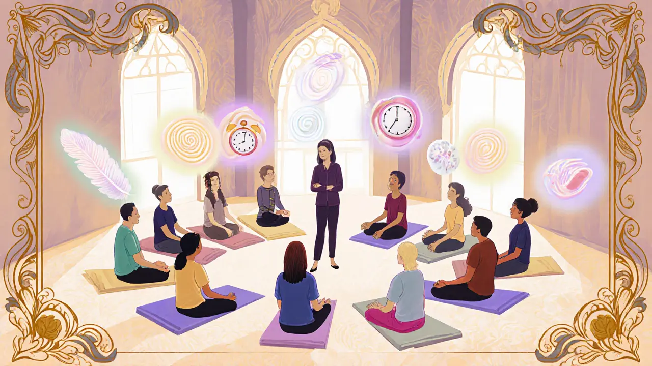 Skupinová lekce MBCT, účastníci sedí v kruhu a praktikují meditaci a vědomé dýchání.