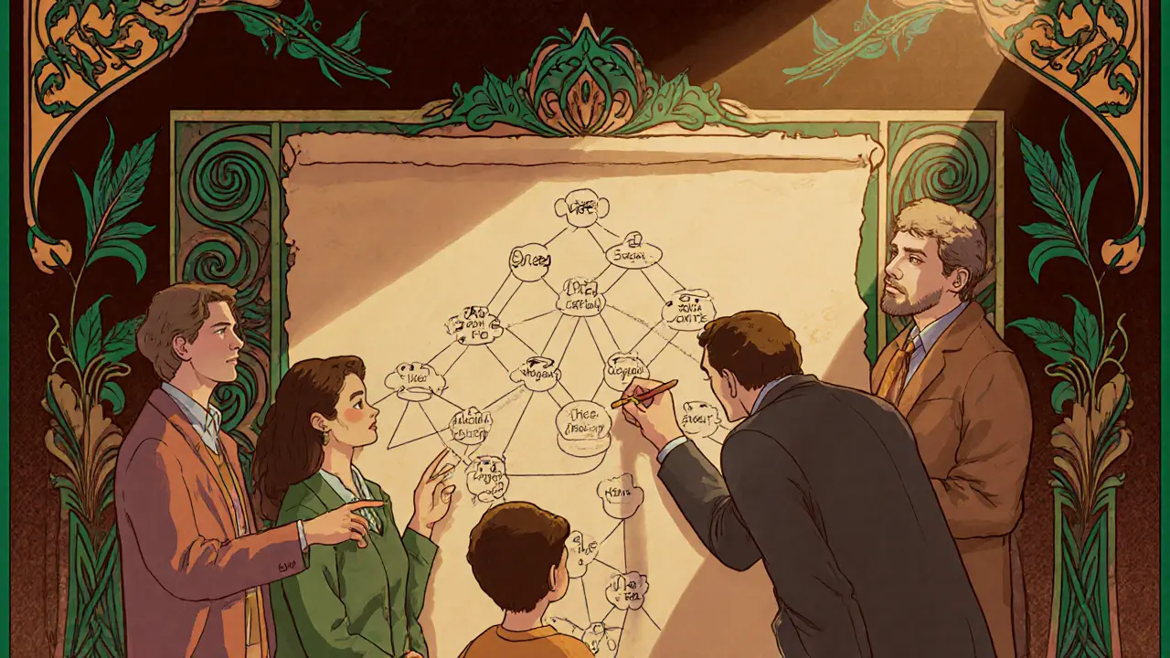 Terapeut kreslí genogram na tabuli, zatímco rodinní členové sledují.