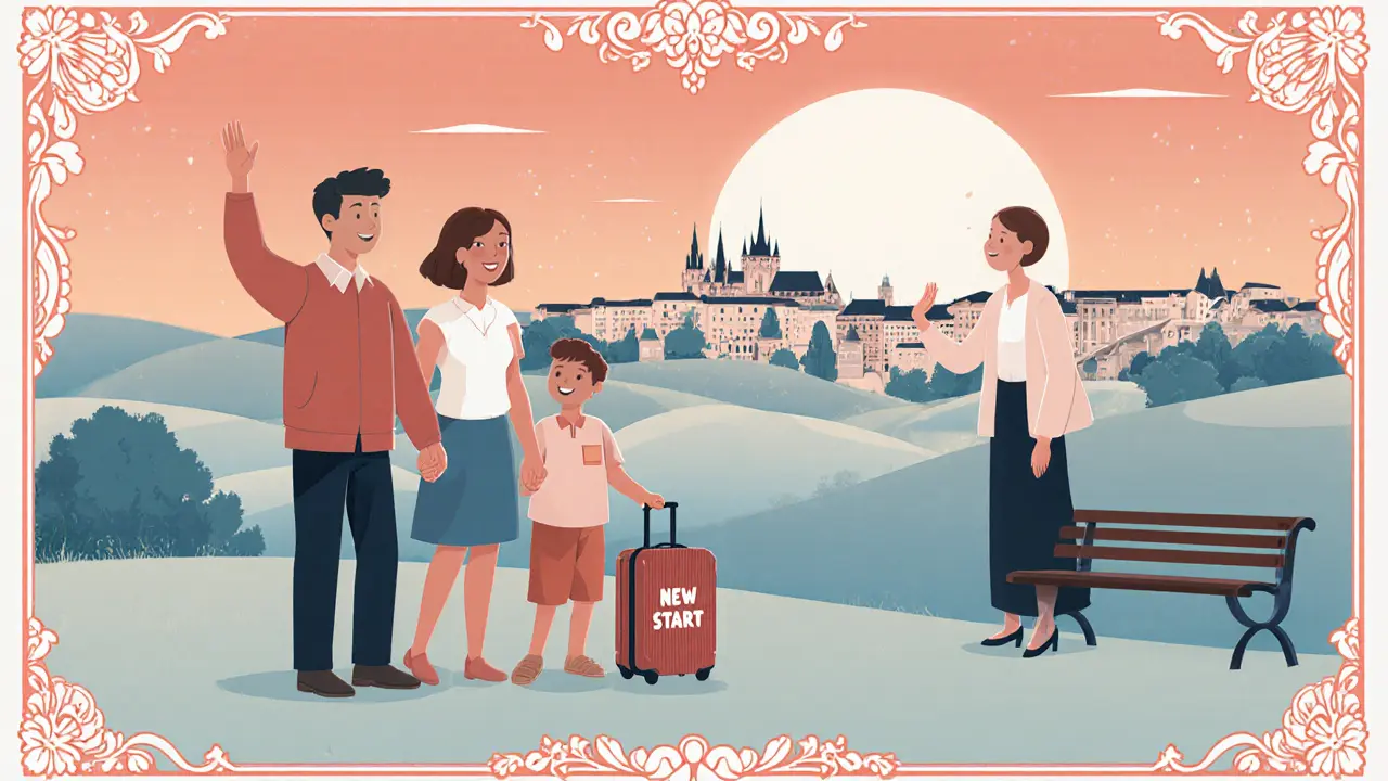 Rodina na kopci slaví úspěch, v pozadí silueta Prahy, terapeut mává z lavičky.