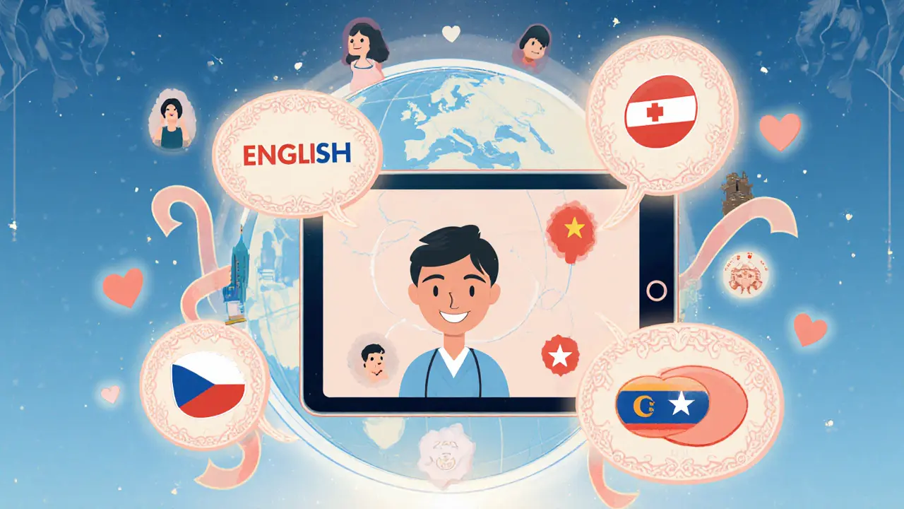 Budoucnost terapie: online video hovor s více jazykovými bublinami a globem.