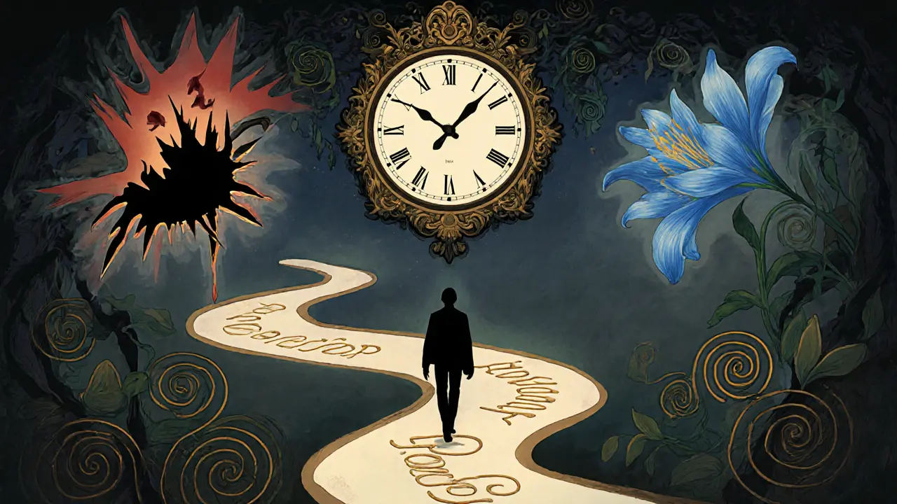 Postava jde cestou, kde emoce jsou květy, hodiny se mění v liány, symbolizují trpělivost.