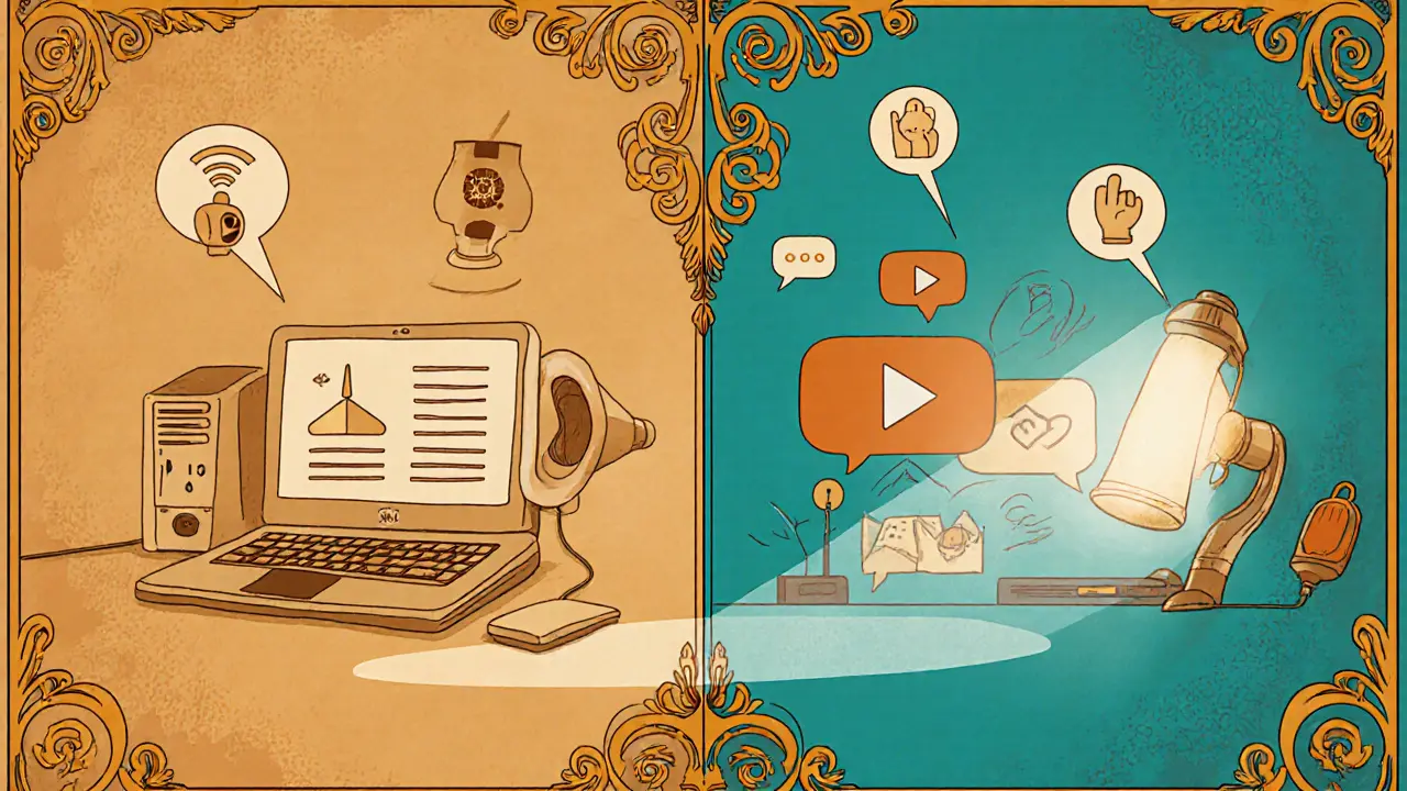 Rozdělený obrázek: technické bariéry vlevo, řešení vpravo, Art Nouveau styl.