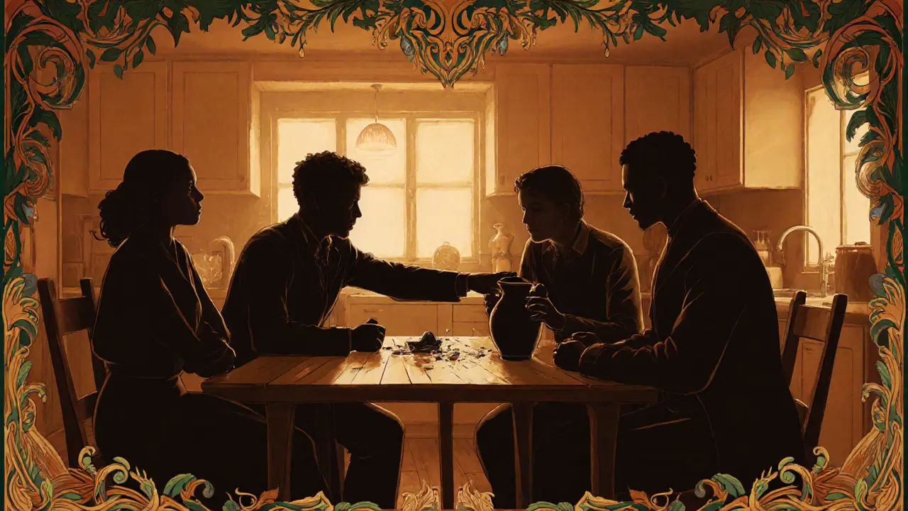 Skupina lidí v kuchyni podporuje jednoho, kdo drží rozbitý váz, v ornátním Art Nouveau stylu.