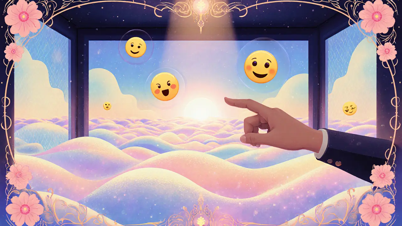 Virtuální Snoezelen místnost ve VR, terapeut vede, AI emotikony, Art Nouveau.