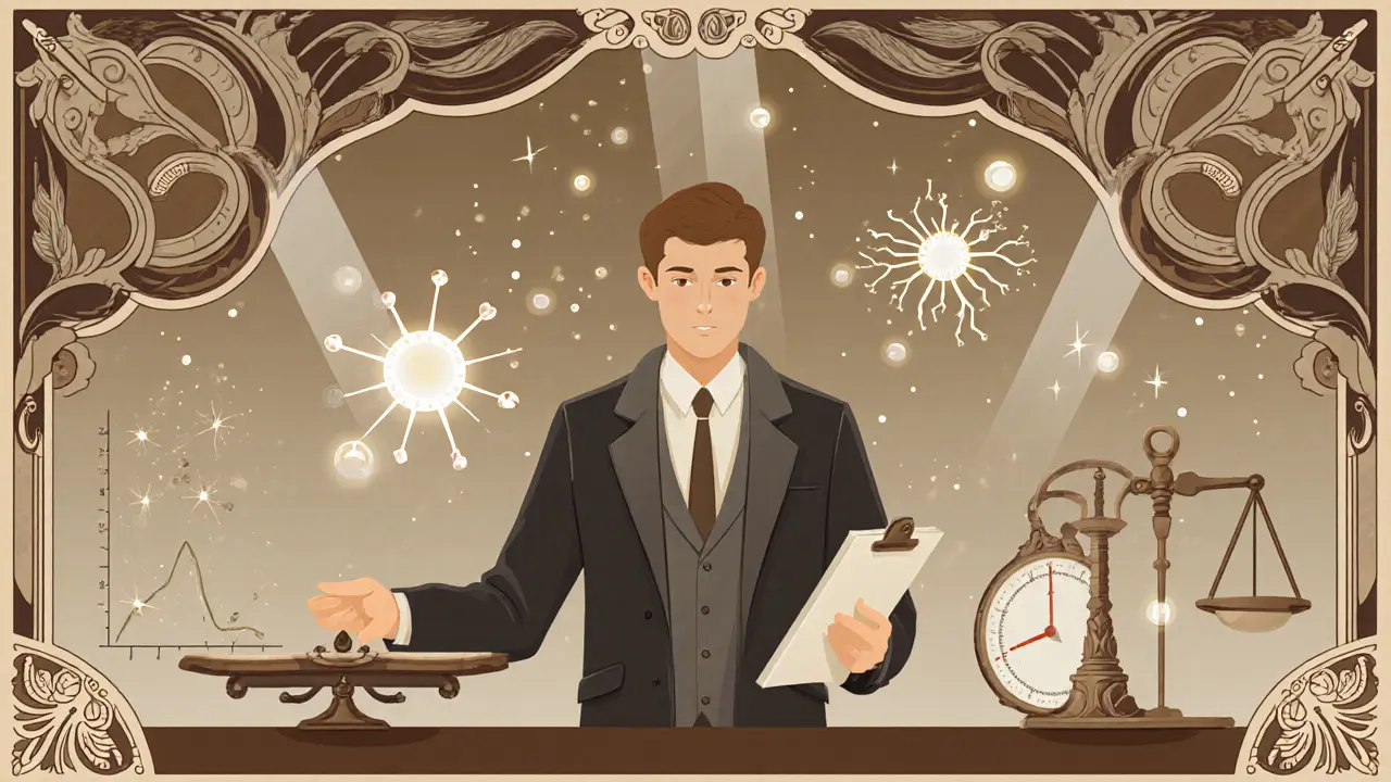 Art nouveau ilustrace výzkumu placeba v terapii, s měřícími nástroji a světelnými částicemi.