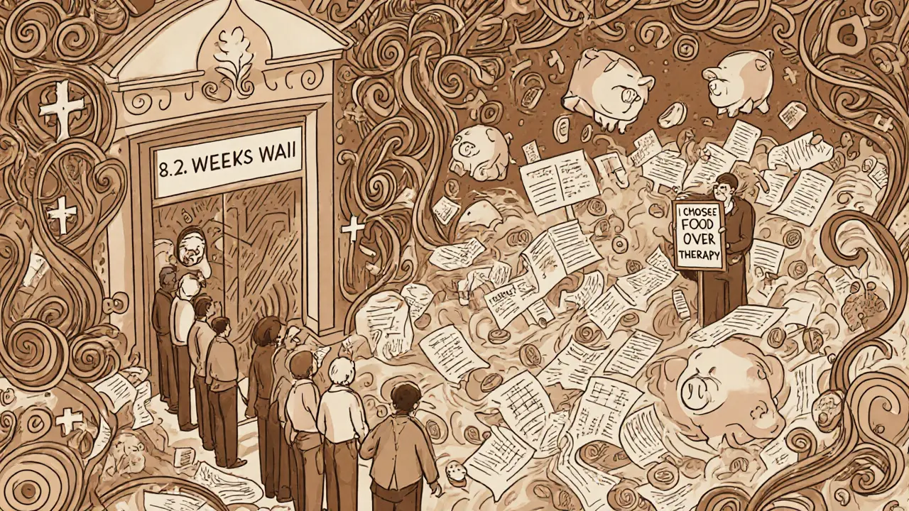 Dlouhá řada lidí čeká na terapii, zatímco terapeut je potopen v papírech a finančních břemenách.