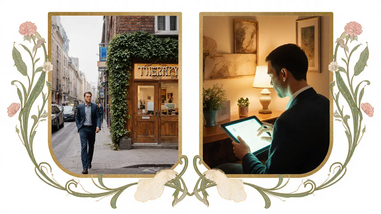 Dva scénáře terapie: osobní v kanceláři a online doma, oba v elegantním stylu.