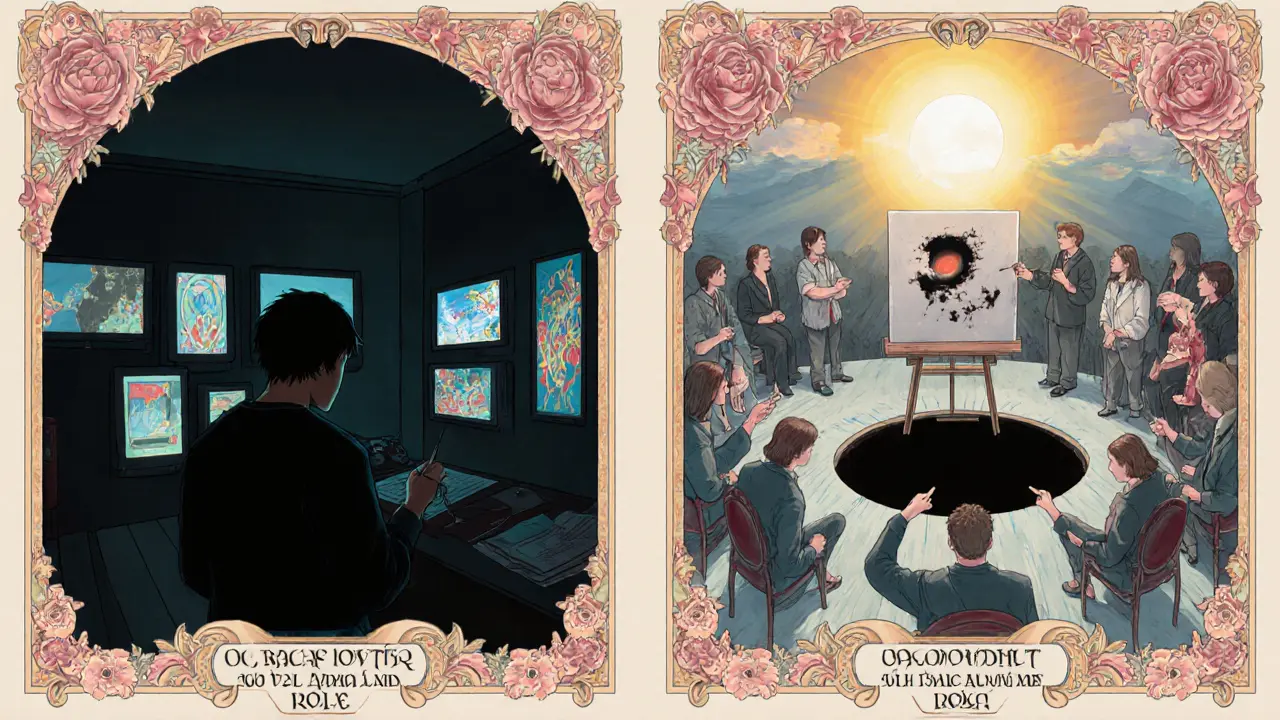 Dvě scény: jeden člověk izolován u obrazovek a stejný člověk v skupině malující své strachy společně.