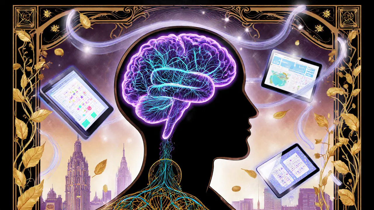 Futuristický postava s osvětleným mozkem, digitálními tablety a organickými motivy Art Nouveau.