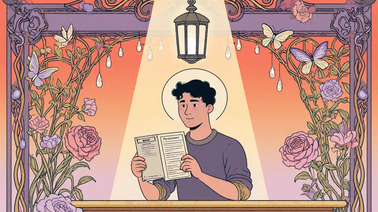 Osoba samostatně volí jídlo, obklopena rozkvetlými motivy, styl Art Nouveau reklamy.