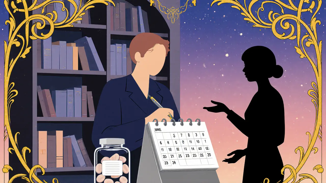 Pacient s deníkem, lahvičkou pilulek a kalendářem, podpůrná postava terapeuta, symbolizuje pokrok.