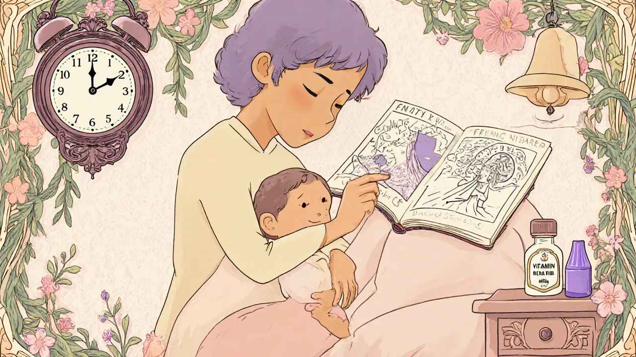 Rodič uklidňuje dítě, ukazuje hodiny, skicá sny a vitamíny, Art Nouveau styl.