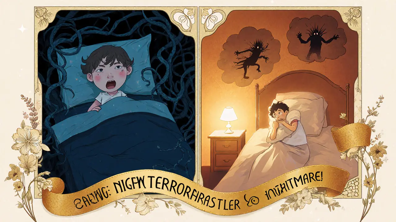 Rozdělený obrázek: noční děs v temné místnosti vs. noční můra v jemném světle.