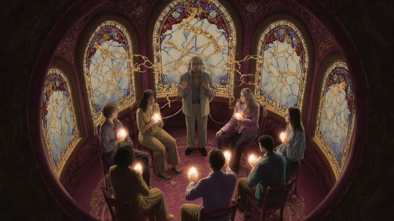 Skupina lidí sedí v kruhu, propojená zářícími vlákny, terapeut je tiše vede v klidném prostředí.