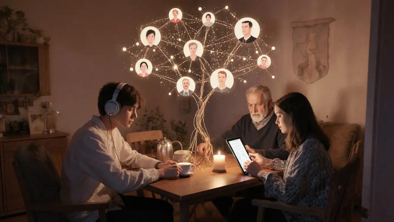 Skupina lidí u stolu, kde strom s větvemi propojuje jejich přítomnost světelnými linkami.