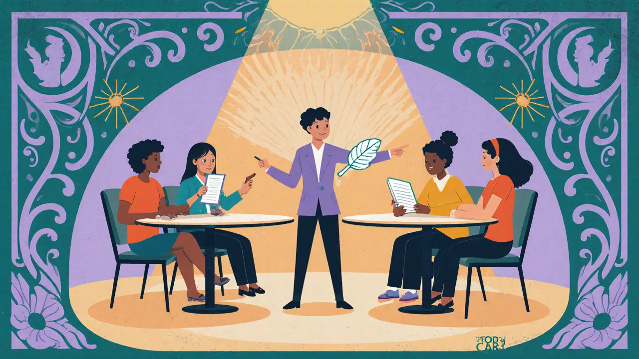 Skupinová terapie CBT, postavy hrají role, dekorativní motivy Art Nouveau.