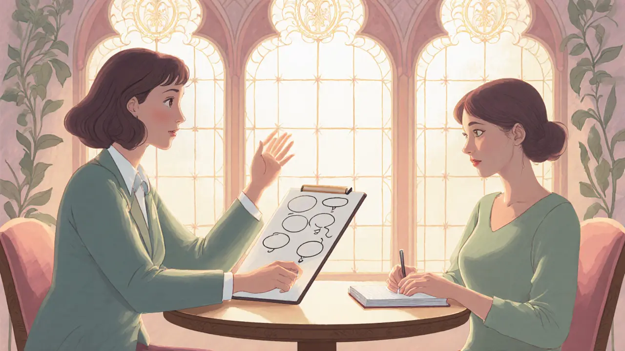 Terapeut a klient u kulatého stolu, světlý pokoj s ornamentálními okny, probíhá terapie.