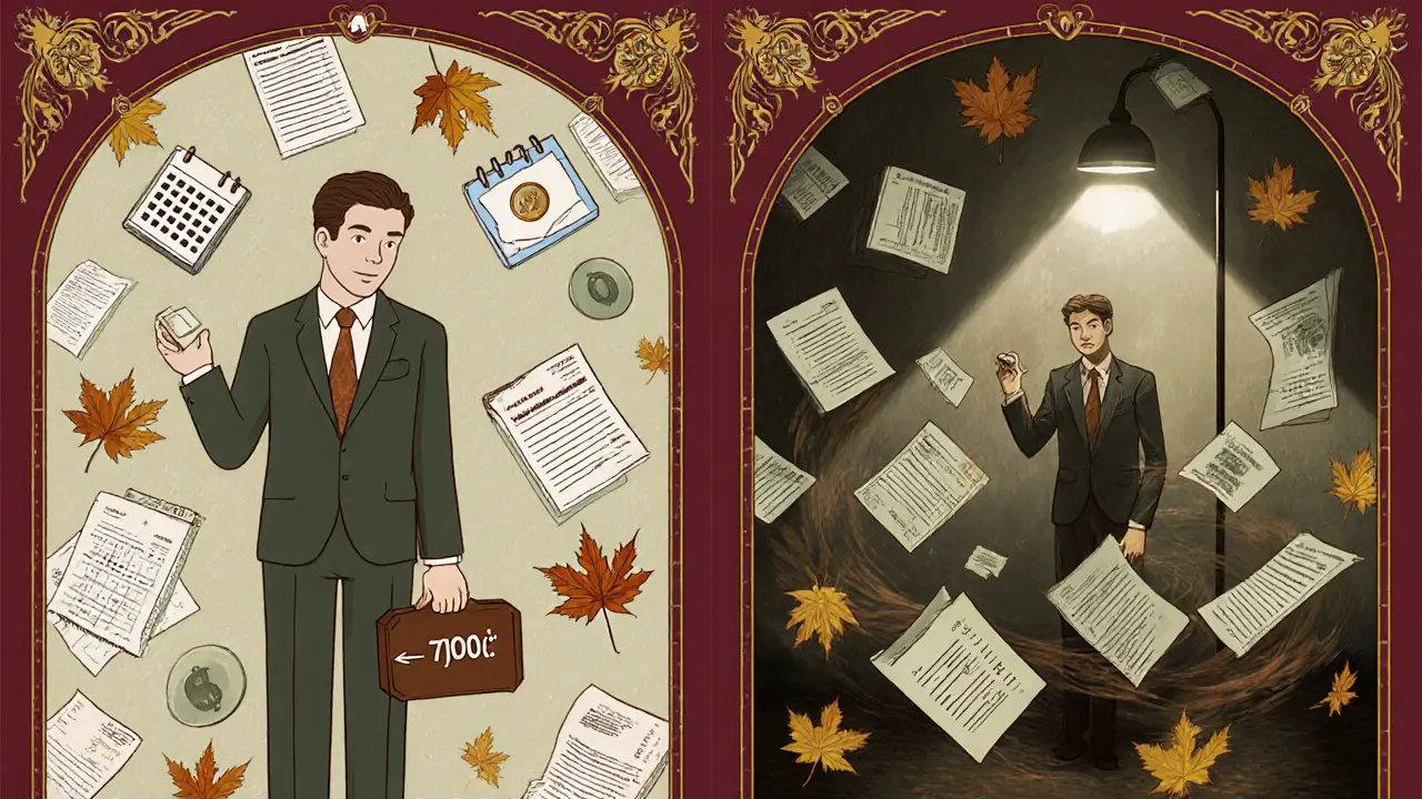 Terapeut drží malou částku peněz, zatímco kolem něj plují účty, daně a náklady na praxi.