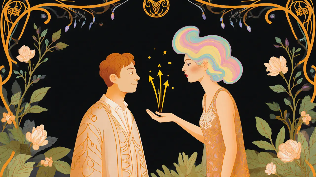 Terapeut ukazuje klientovi pozitivní očekávání, obklopené zlatými šipkami a rostlinami.