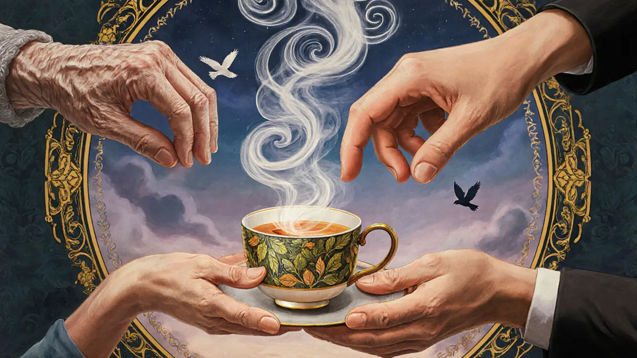 Tři ruce drží šálek čaje, který se mění v květiny a ptáky, symbolizující spojení.