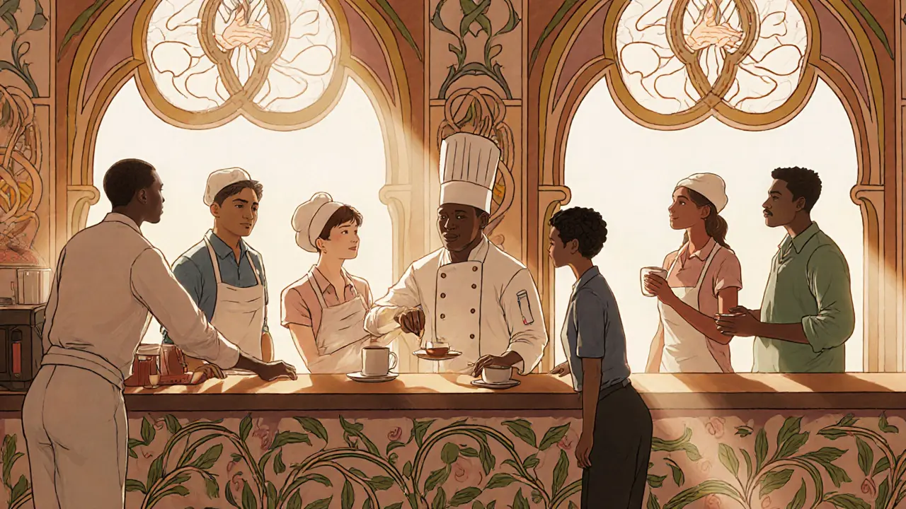 Zaměstnanci v kavárně Café Therapy servírují kávu v klidném, podporujícím prostředí.