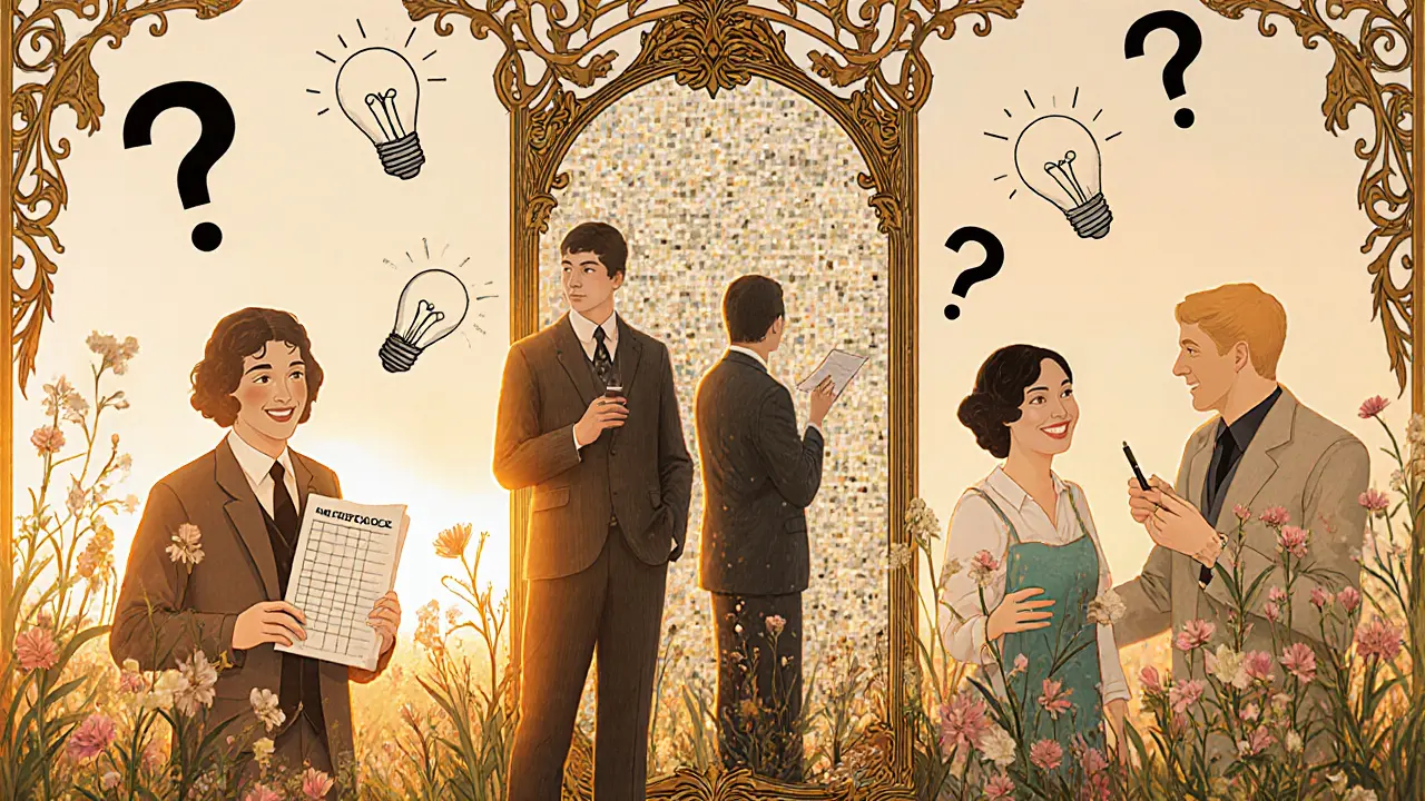 Český terapeut s odrazem různých klientů v zrcadle, okružený květinami a světly.