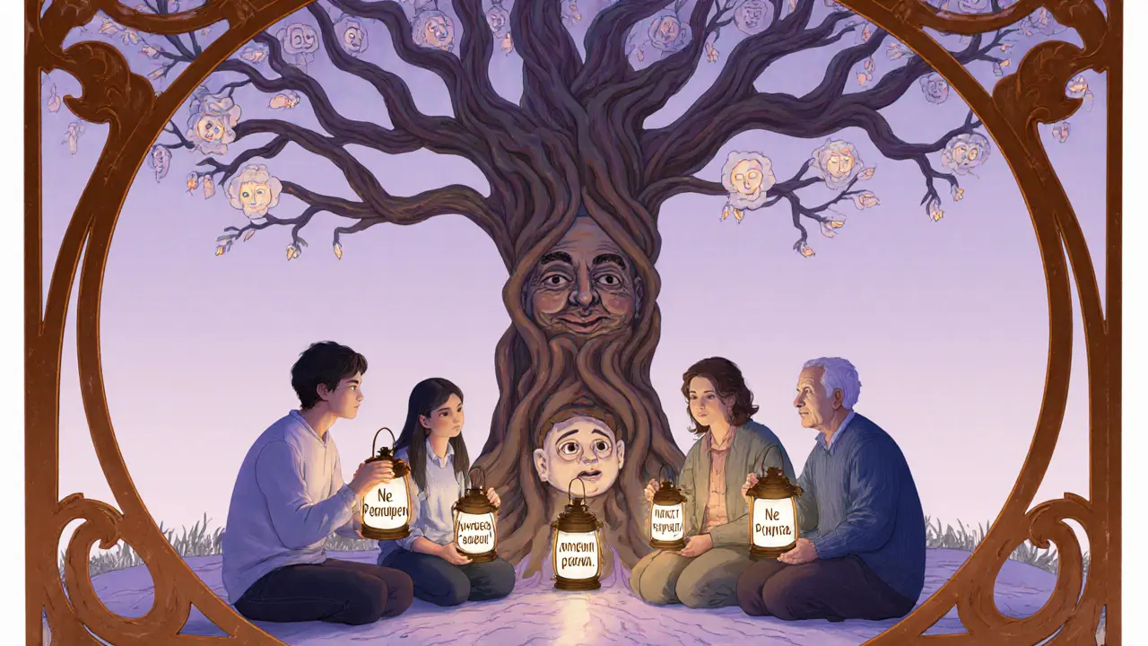 Členové rodiny sedí v kruhu s lucernami, za nimi roste strom hojení v Art Nouveau stylu.