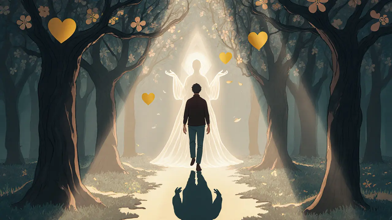 Člověk kráčí lesem, jeho stín je doprovázen neviditelnou přítomností, která ho nechává být.