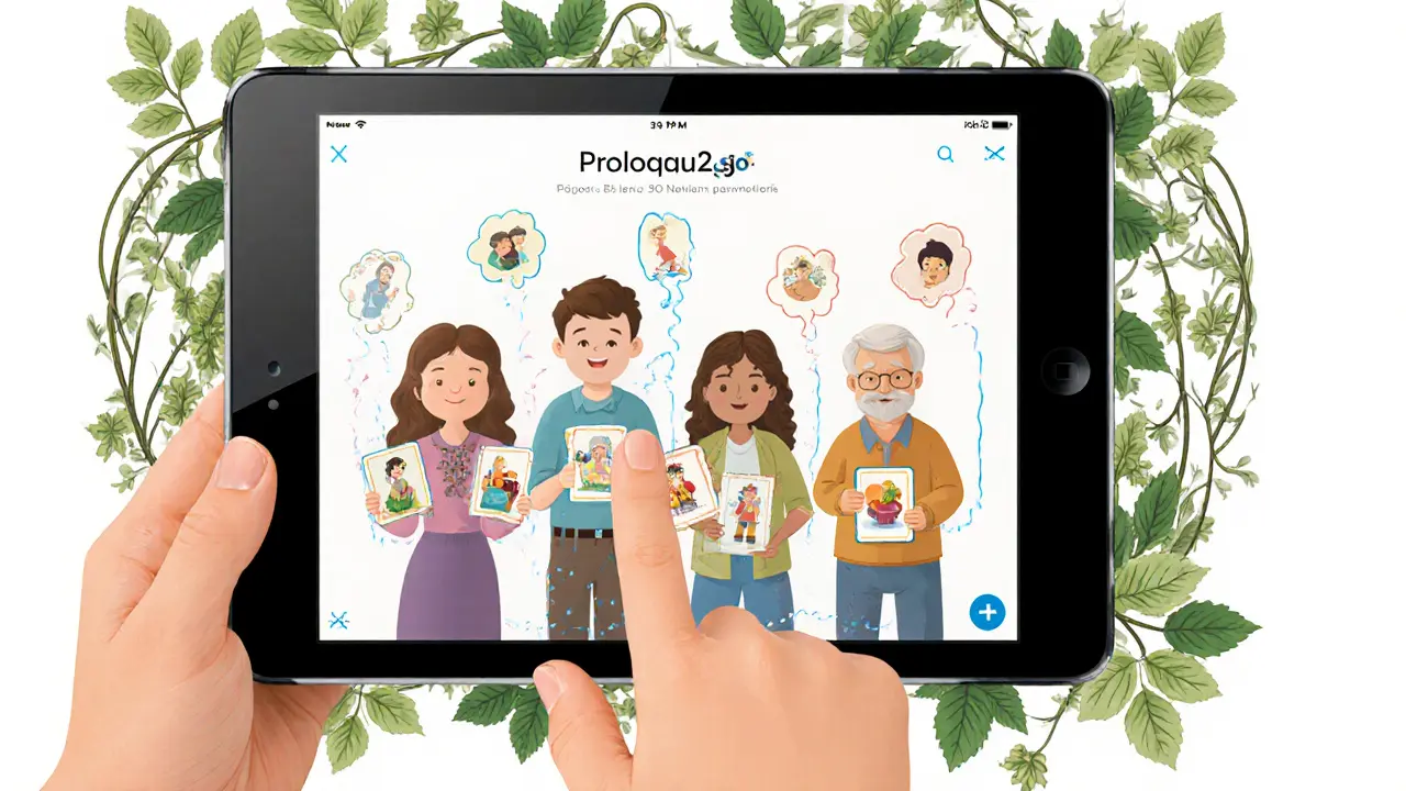 Dítě používá tablet s českou AAC aplikací, rodina kolem něj drží obrázkové karty.