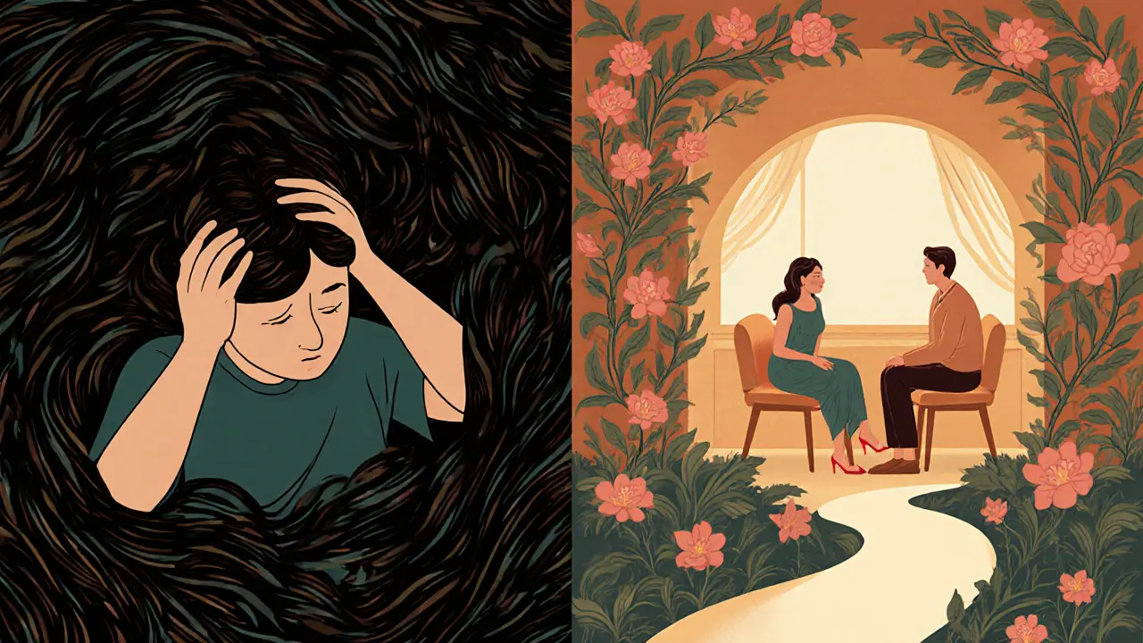 Dvě části obrázku: jedna ukazuje úzkost ve tmě, druhá klid a přijetí v teplém světle.