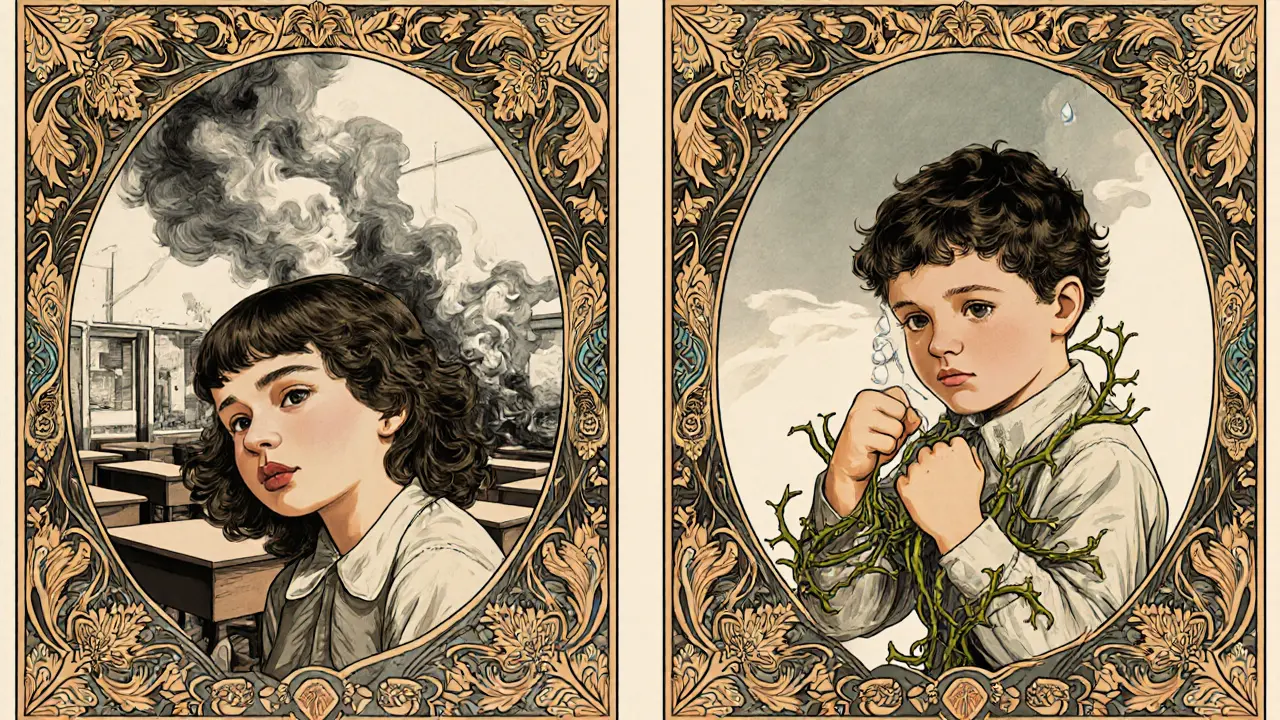 Dvě děti v ornátním rámci: jedna pláče, druhá se drží trním — symbol zranění oběti i agresora.